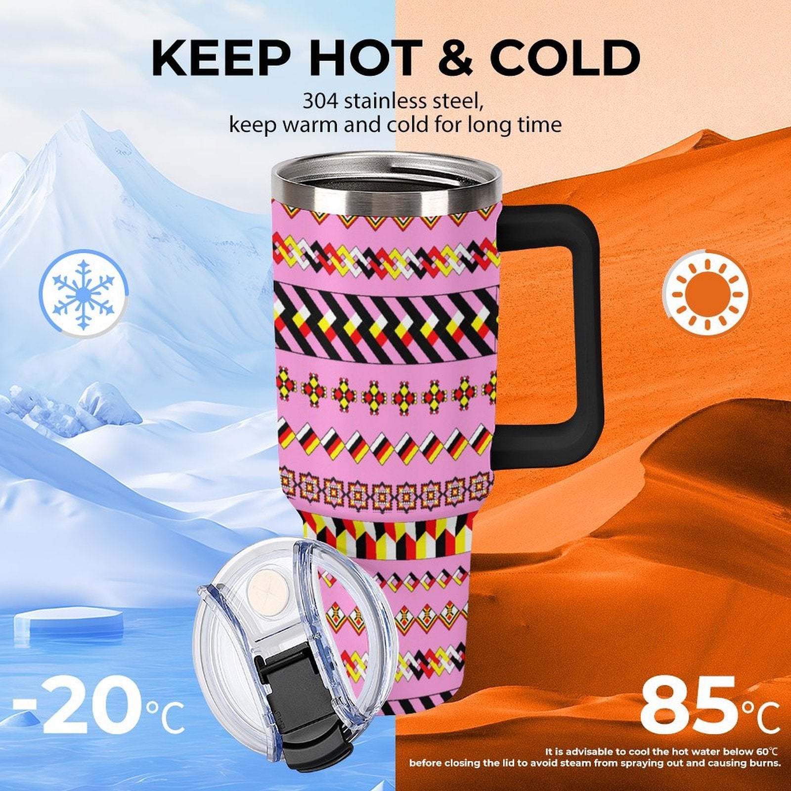 Pink 40oz Tumbler with Multi-Color Handle
