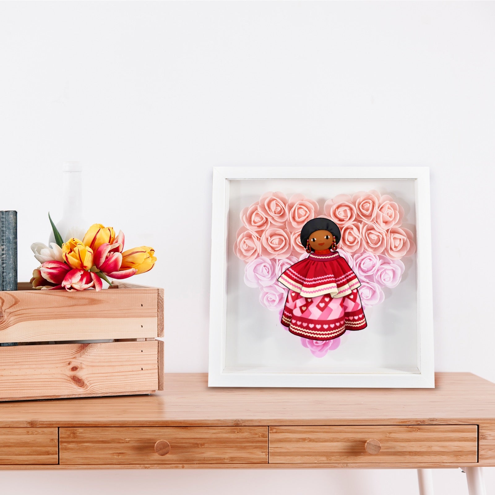 Heart-Shaped Paper Flower Shadow Box 8"- Pink Doll