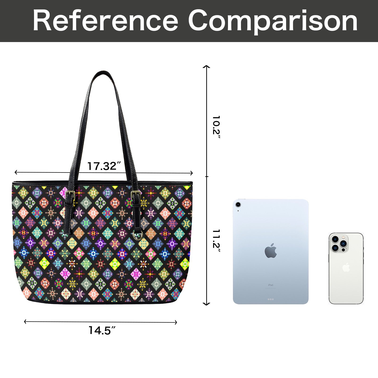 Multicolored diamond patterned tote bag with dimensions and comparison to an iPad and iPhone.