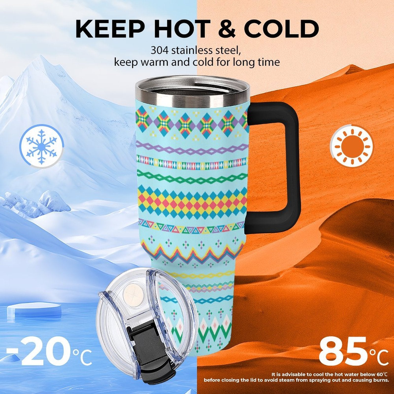 Light Blue 40oz Tumbler with Multi-Color Handle