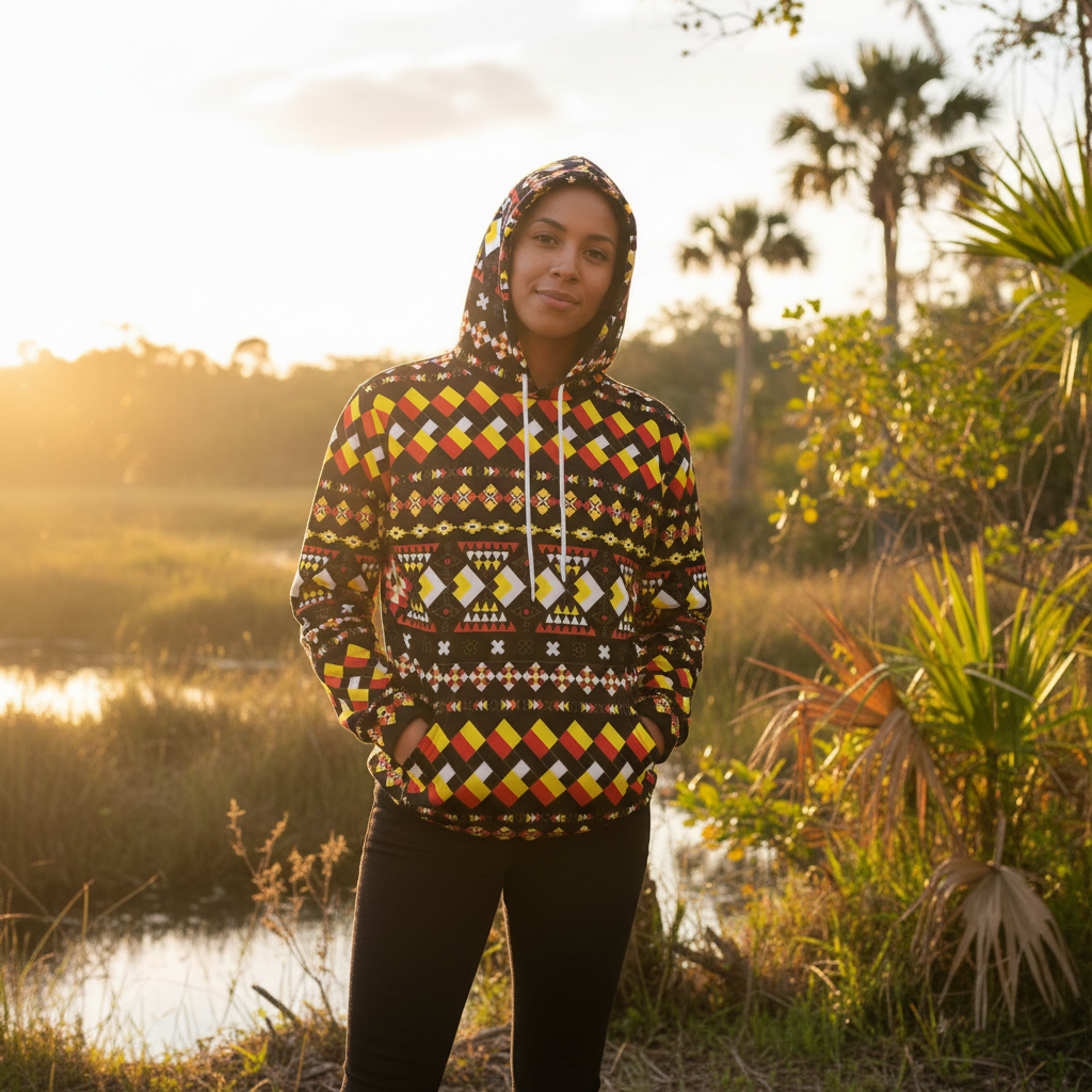 Person wearing the Tribal Design Hoodie outdoors in Florida golden hour light