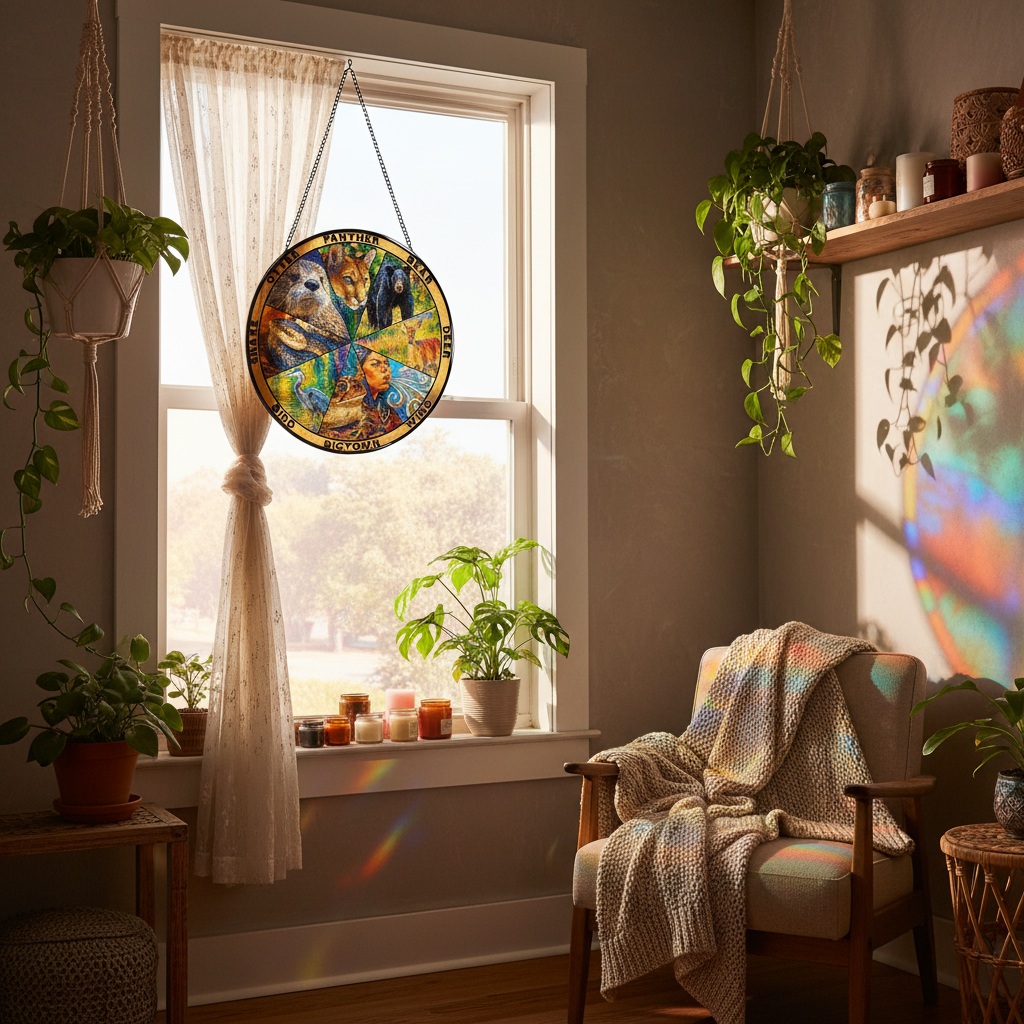 Clan Wheel Glass Suncatcher hanging in a sunlit window casting colorful light patterns