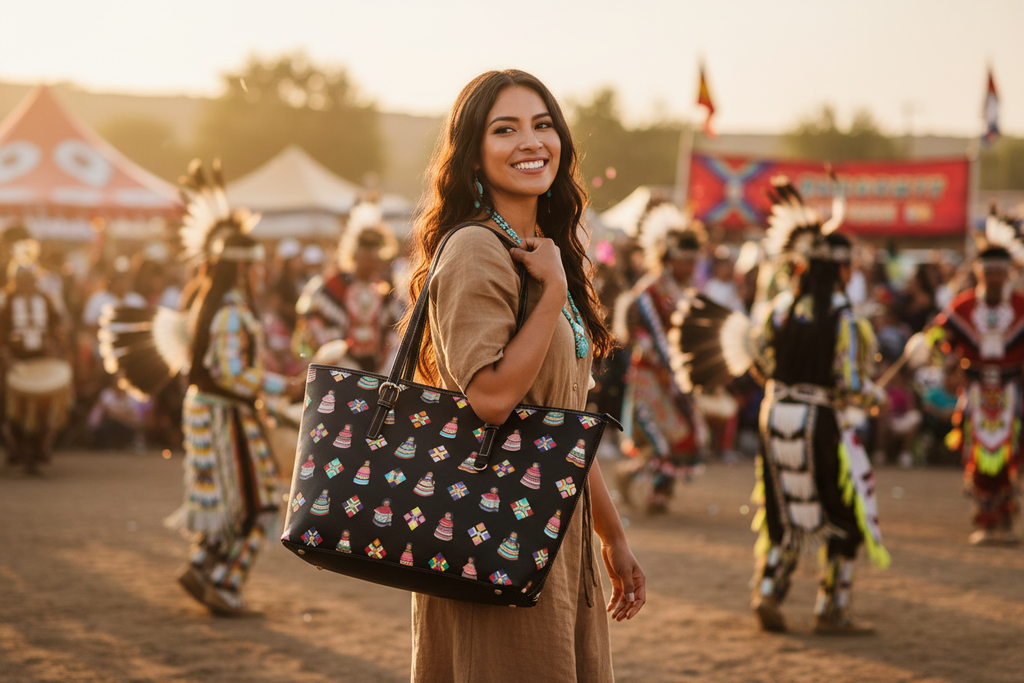 Dolls and Diamonds tote bag with Native American doll print carried by a Native American woman at a vibrant outdoor powwow
