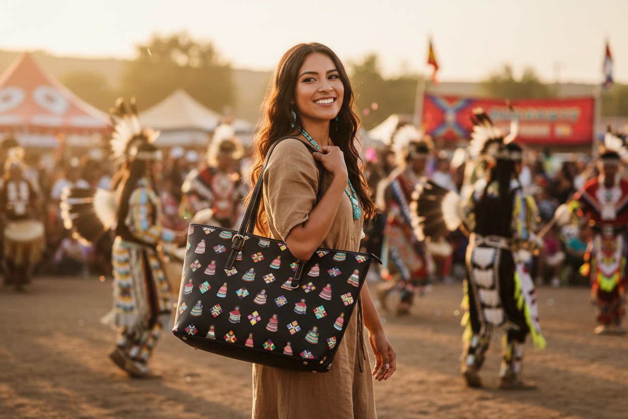 Dolls and Diamonds tote bag with Native American doll print carried by a Native American woman at a vibrant outdoor powwow