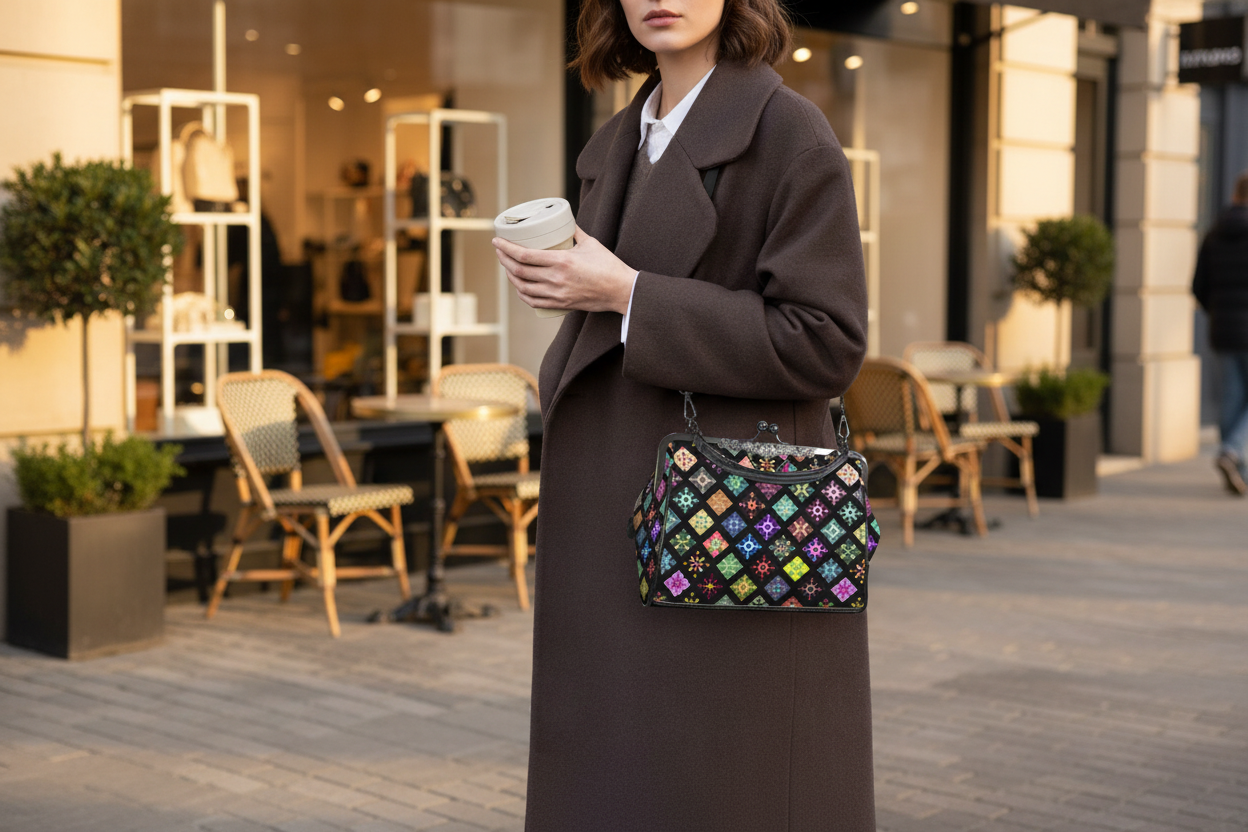 Black waxed PU leather vintage kisslock crossbody bag with colorful geometric patchwork print worn on a chic urban sidewalk